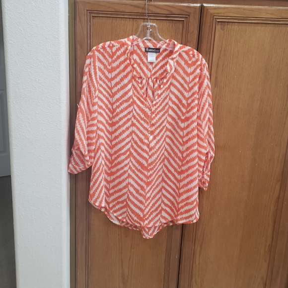 Signature Studio l Henley vneck button tab dramatic sleeve semisheer chevron - Picture 4 of 7